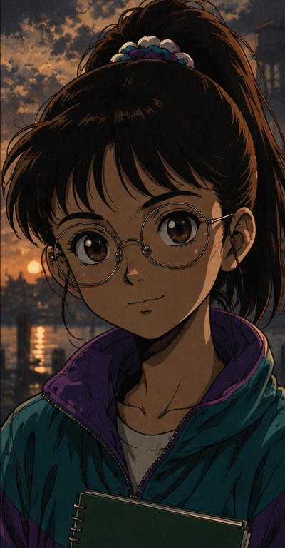 Hanna Yamaguchi: round glasses, high ponytail, teal and purple windbreaker, green notebook