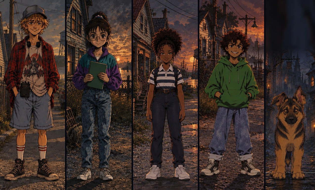 Owen, Hanna, Samantha, Mikey and Milo the German shepherd, standing side by side on Gray Hollow's streets at dusk