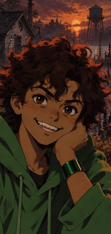 Mikey Navarro: dark curly hair, big grin, bright green hoodie