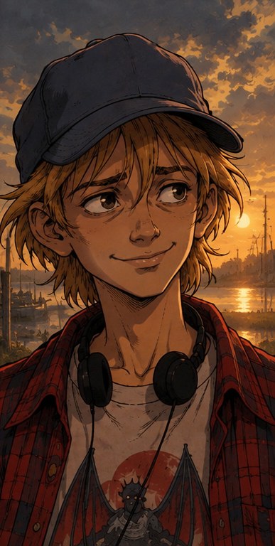 Owen McCarthy: shaggy sandy hair, navy ball cap, headphones around his neck, red plaid flannel