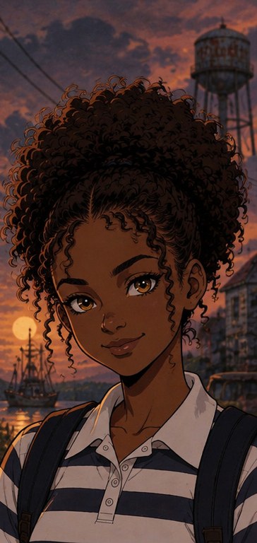 Samantha Washington: curly hair in a high puff, navy and white striped polo